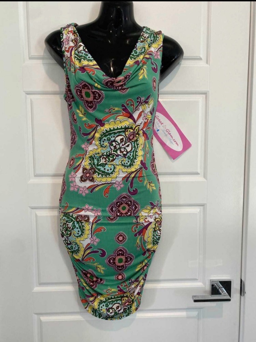 GREAT GLAM ~ Green Paisley Print Cowl Neck Dress